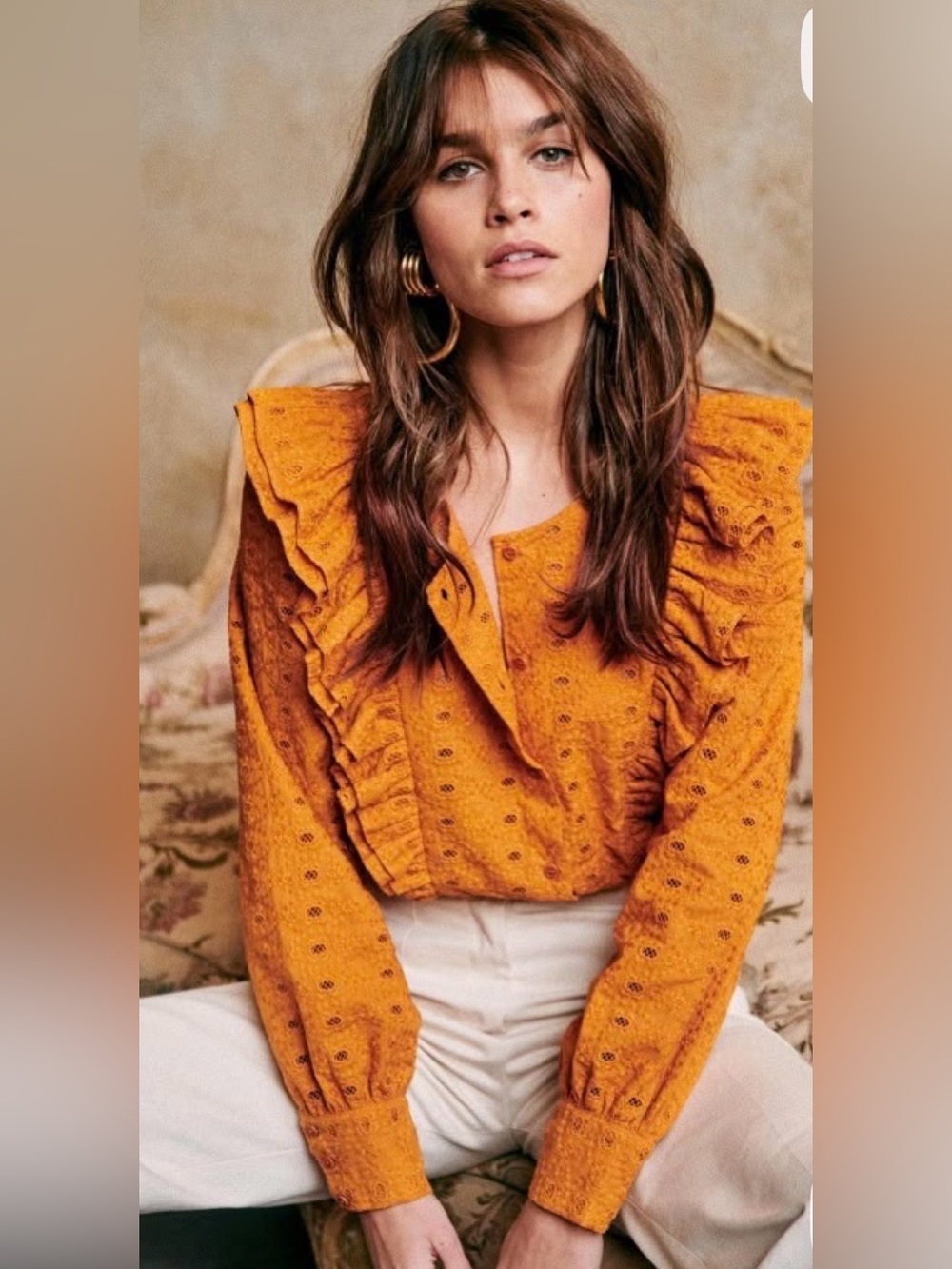 Sézane Mustard Yellow Eyelet Ruffle Blouse Size 34 US 2